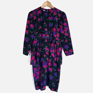 Vintage 1980’s Long Sleeve Peplum Dress Rose Floral Print Pink Purple Women’s S